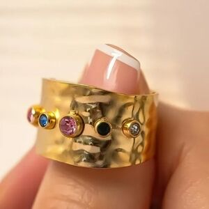 Stainless Steel Gold Hammered Ring with Multicolor Stones